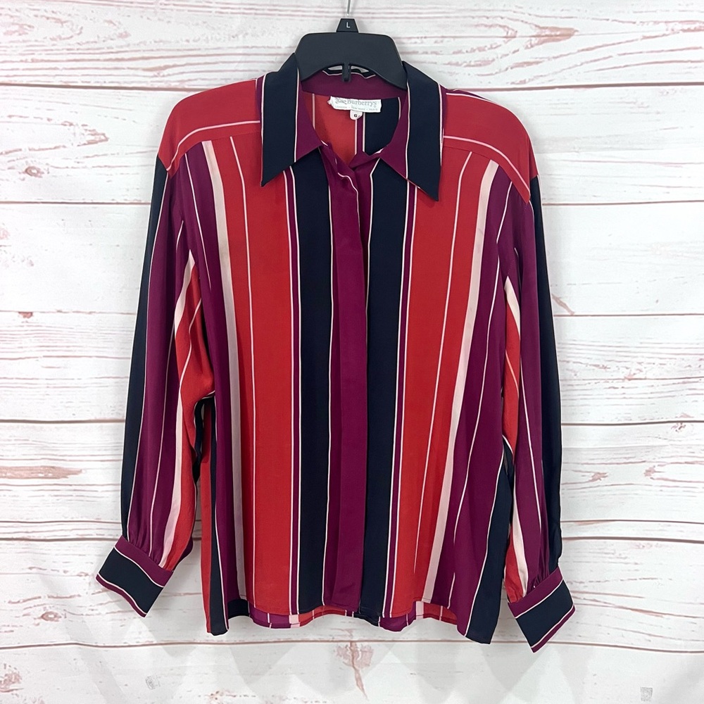 Vintage 90s Y2K Burberry Striped Silk Button Front Collared Blouse